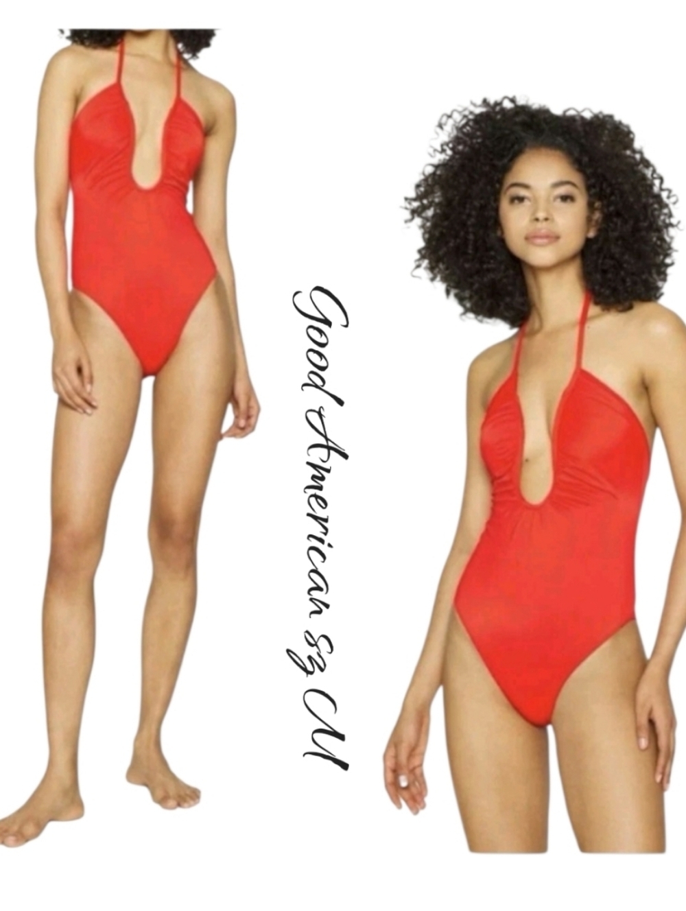 NWT Good American Leilani Halter Plunge One Piece Swimsuit Red M